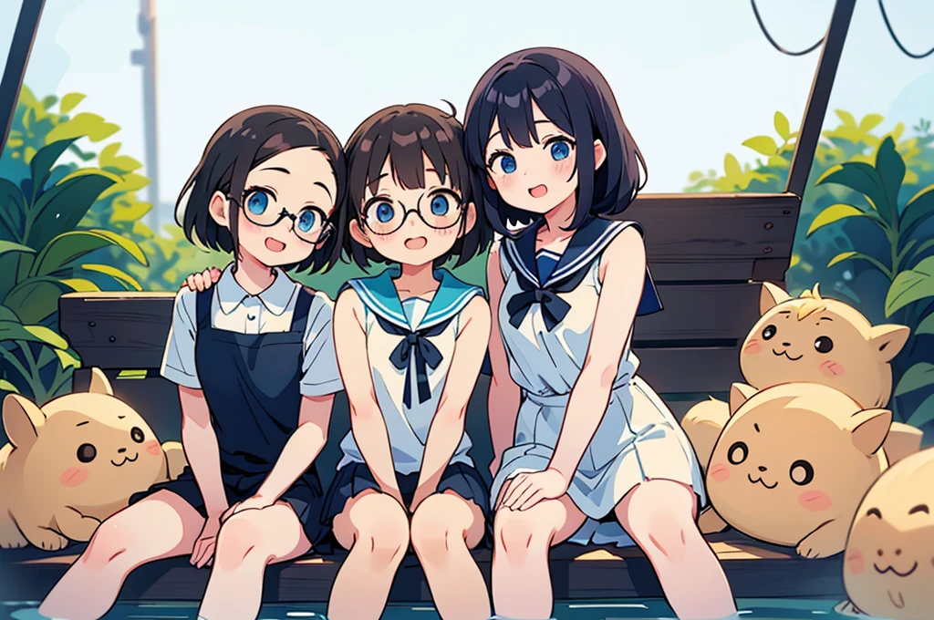Super detailed, best quality, High resolution, moe-anime, ((((3 s with black hair and round glasses are loving each other.)))), (baby face), Tareme:1.2, dark blue eyes, cute eyes, detailed eye description, Eye sparkle, Looking at viewer, pale skin, (((petite))), (((face only:1.3))), (bottomless), (Big eyes:1.5), NSFW, focus on the face, ((bust shot)), Bright eyes, on a pool, ((white see-through school uniform)), Nipples are showing through, long hair, open legs