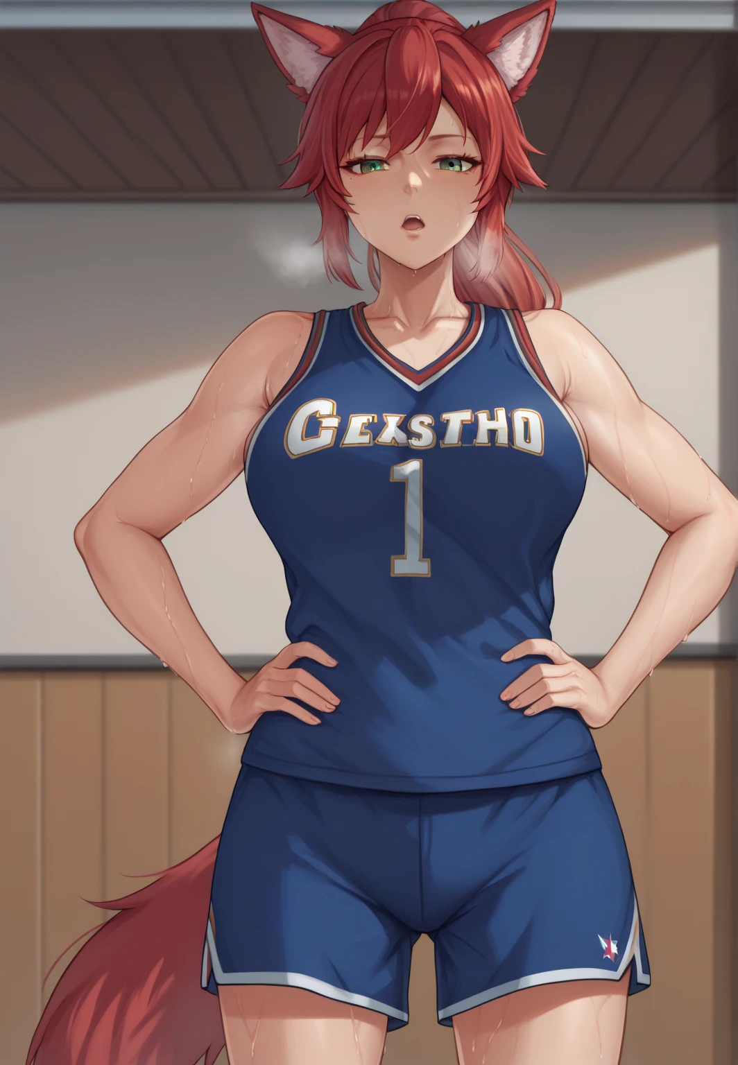 Masterpiece , best quality , Masterpiece , best quality , 1 woman , sly face , Pink ponytail , sly face , black t-shirt , black bikini , abdomen , big breasts , Long legs , Barefoot , Sit down on the ground.. , spread your legs , prison cell