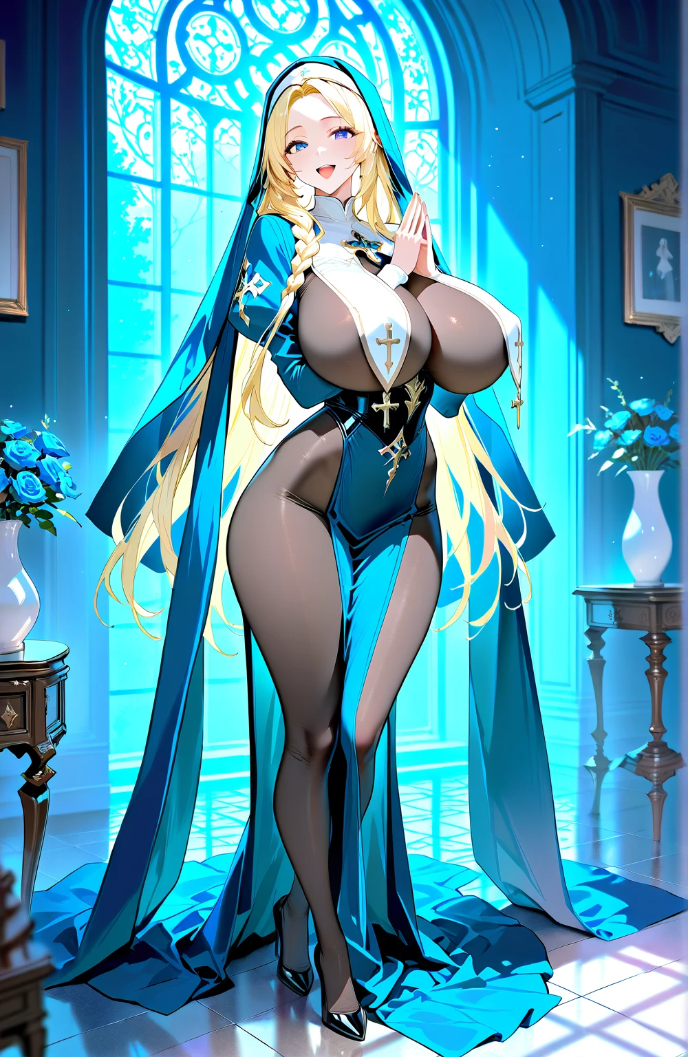 Elf girl white blonde long hair, blue eyes, huge boobs, full body