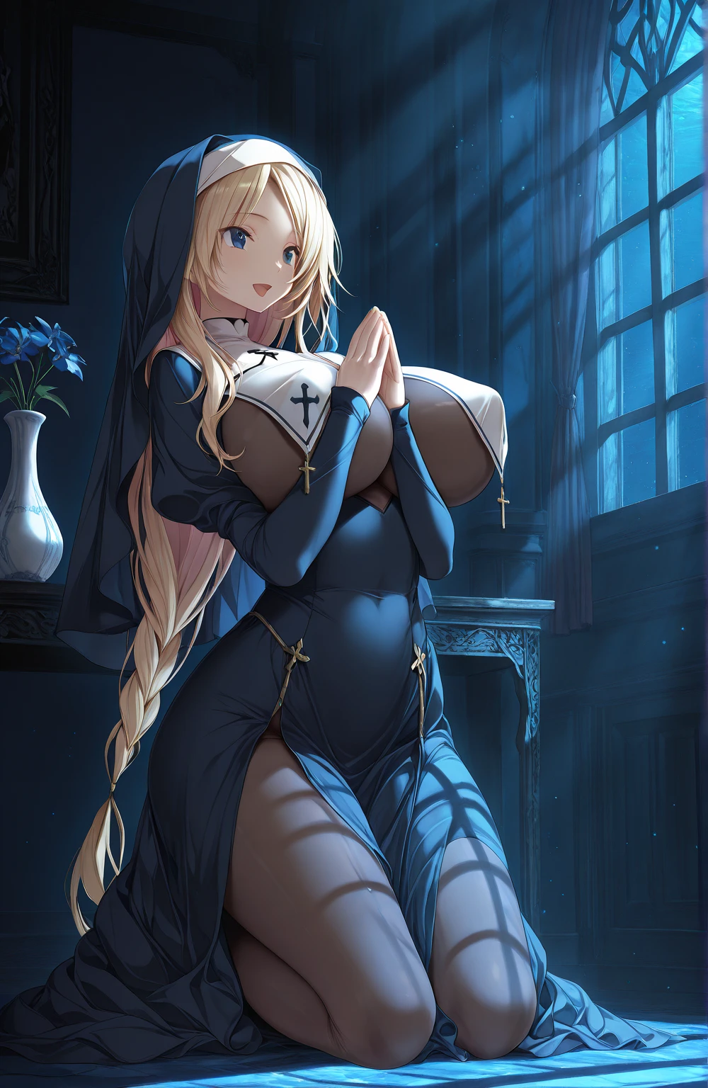 Masterpiece, better quality, hires, extremely high resolution, new , an elegant, Alone , full body, not suitable for work, blond hair, dark blue eyes, Alone, habit , veil, pelvic diaphragm , chest curtains , huge breasts, perky breasts , open mouth, Stick out your tongue with sensuality, smile, looking at the viewer, indoors, Vase, light particles, sunbeam, Blue theme, hands together, palms together, breasts tight together, wide hips, bodystocking, dark, darkness, night, luz de luna, shadow, window shadow, caustics, Very long hair, Colored inner hair, forehead, illuminate from the background, Braided side closures, without panties, nothing good, smile seductora, lustful expression,