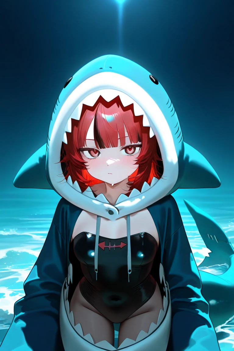  ((Skinny Shark BodySuit, (Stuffed shark head hood)with White Teeth) Fin), 8k, High-level, absurd, masterpiece, best quality, primitive, very detailed CG, very detailed wallpaper, perfect lighting, Extremely detailed ((( personifying " Shark" as a Little Girl))), MysticSight, Tyndall effect, Tyndall scattering, (Studio gray background with (Overflowing oodles Dazzling RainbowColorParticles (BokeH))), (Blood Red short hair, RoundlyButts, Leg Fins installed), (Exposed:0.4), (Assfocus with looking ahead) BREAK  (Acutance:0.88), (NOGIZAKA face variations) Extremely Detailed very KAWAII face variations, perfect anatomy, Childish, CaptivatingGaze ElaboratePupils detailed Eyes with (sparkling highlights:1.28), (Voluminous LongEyelashes:0.88)、GlossyRED Lips with beautiful details, RosyCheeks, Radiant PearlSkin with Transparency . { (Dynamic LifeLike expressions:1.4) | (:d) }, (large eyes:-1) . ((animal ears:-1.2))