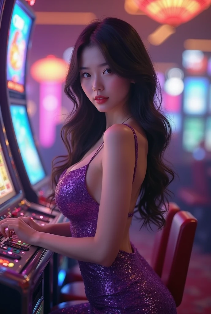 redhead oppai, long-haired, playing the slot machine at the casino, a hand on his face, scared looking at the machine