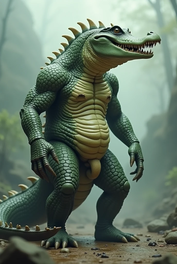 Male albino crocodile human hybrid, scarring, terrifying, angry, crocodile head, crocodile tail, alligator head, mouth, jaw, muscular, terrifying, 3d, realistic, in forest swamp, warrior, bloody, angry, A semi-medium long flaccid penis with foreskin visible, teeth, open mouth, Stick out her tongue, pee, testicles, saliva, ASS, feet, 1boy, lonely man,