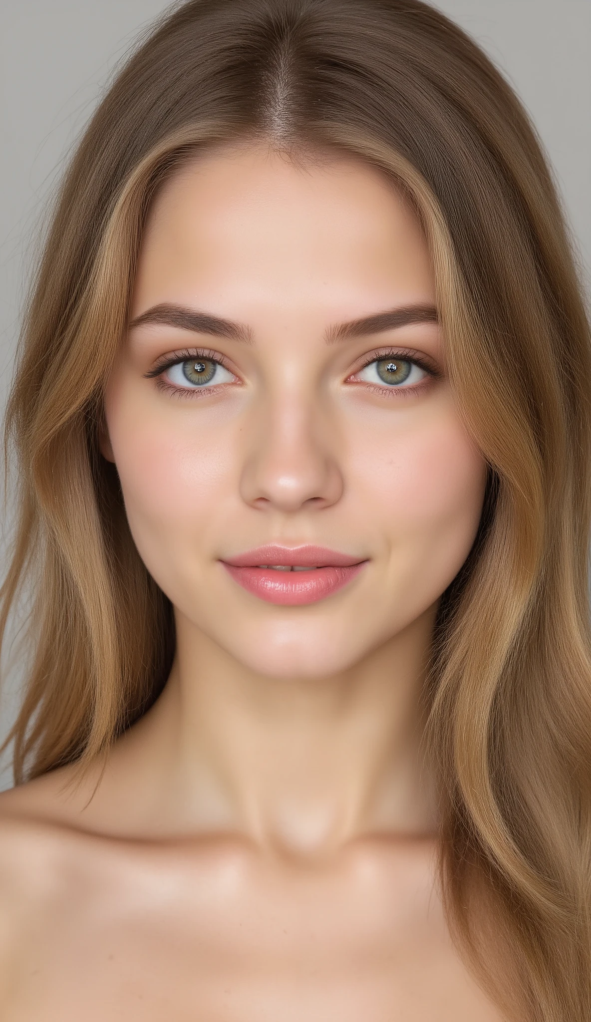 A close-up portrait shows a young adult who appears to be a white Caucasian woman with long brunette hair, no tattoo, no bangs, and no accessories. Her eyes are light-colored, and she has fair skin with subtle makeup enhancing her features. Her expression is neutral and serene.
The background is out of focus but appears to be a plain, light-colored wall, possibly grey or beige. The lighting is soft and even, illuminating her face gently without harsh shadows, suggesting a diffused light source. The artistic style is a close-up portrait, focusing on the subject's face. The mood is calm and intimate. No nudity.