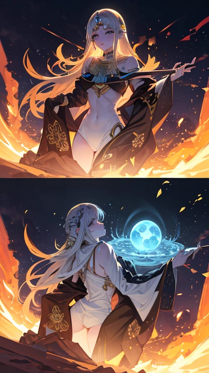 (maximum quality, exquisite design, better lighting, better shading), statue in the form of Yin Yang, under the moon and the sun, detailed and realistic details, intricate, carved in red and yellow marble (only the multicolored hair), shining with moonlight and sunlight, a perfect balance between light and dark, mystical and serene.