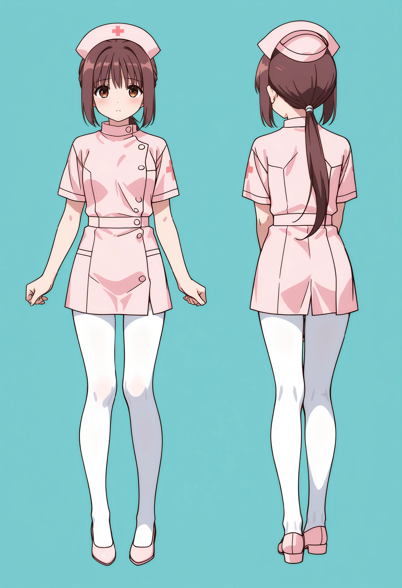 score_9, score_8_up, score_7_up,source_anime, best quality, uncensored,BREAK, RenNanase,1girl,brown_hair,low_ponytail,full body,BREAK,nurse_cap,nurse, white pantyhose,BREAK,multiple views of the same character,model sheet,chatacter sheet,forward view,back view