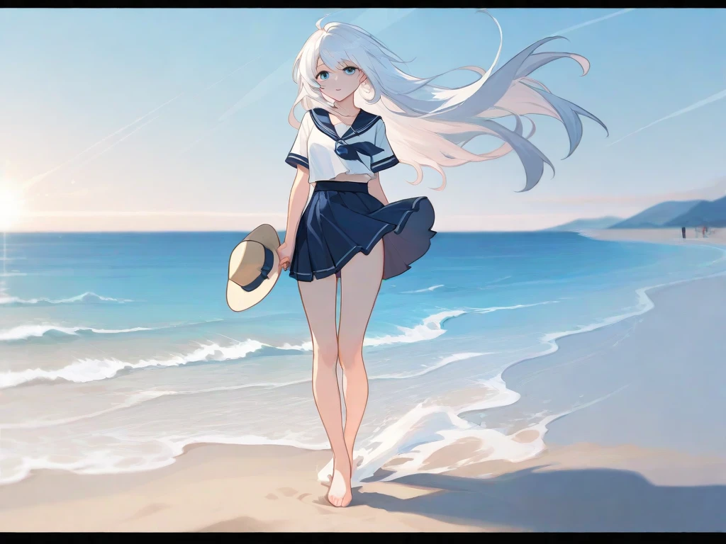 White Hair,Long Hair,bangs,bangs整齐,Green hair band,Grey Eyes,girl,cute,The body is very thin, JK Sailor Suit,The background is blue sky and white clouds