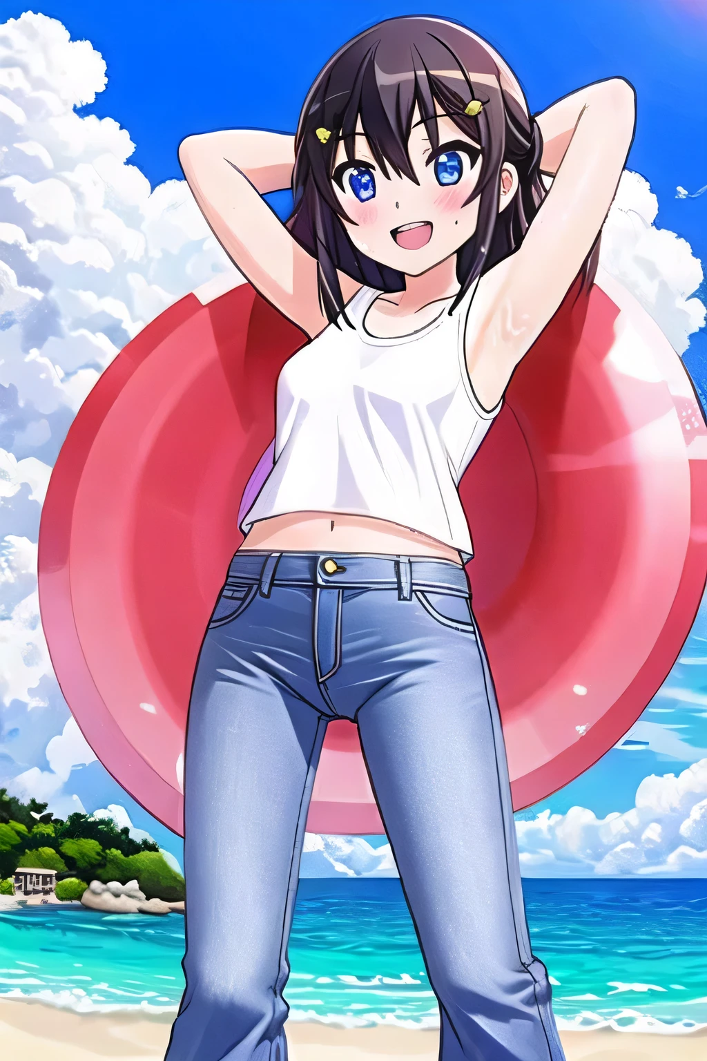 masterpiece, best quality, ultra detail, ((Perfect Face, perfect eyes, perfect hair, perfect arm)), 1girl, , petite, ((round face, ecstasy, orgasm face, drooping eyes, shame smiling, blush)), dropping eyes, sleepy, Open mouth, ((White teeth)), background((under the beach, (day:1.2), ocean, bright sky)), kanzaki tomoyo, (blue eyes:1.2), (black hair:1.2), crossed bangs, hair between eyes, hair ornament, (medium hair:1.9), (straight hair:1.7), ((arms behind head:1.4)), ((contrapposto)), spread armpits, looking at viewer, (white tank top:1.2), (white crop top:1.2), (jeans pants:1.2, flares jeans:1.2, skinny jeans:1.2, blue jeans:1.2), standing, (legs spread:1.4), sexy pose, Sweaty crotch, Steam from the crotch, from below, whole body