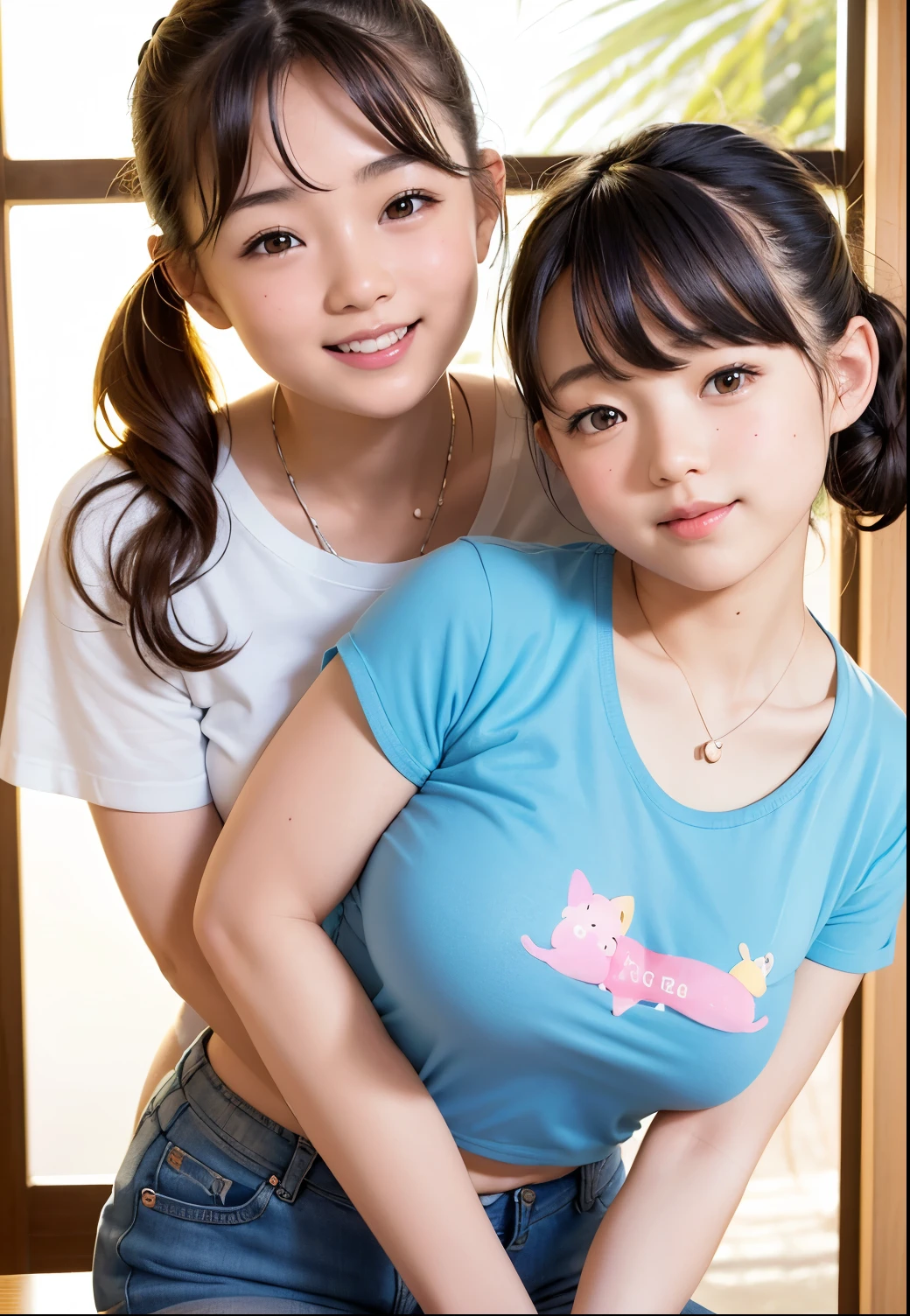 ( best quality ,masterpiece:1.3, Ultra High Definition Processing),( very well detailed、 caustics ) ( realistic:1.4, RAW shooting、)Ultra- realistic Capture、 very well detailed、 natural feel 、masterpiece、( The upper body is a short hologram t-shirt、Japanese elementary school students wearing tight skirts and short jeans on their lower body:1.3)、 adorable expression、Expressions of Happiness、、: 、baby face、pure、 is amazingly cute、 Pigtail hairstyle 、curly hair、scrunchie 、 necklace、 black hair、 Big Breasts、 Glowing Thighs、Midsummer Sunshine、 Picture taken on the Okinawan coast 、Palm tree smile、 charming gaze 、( is anatomically correct)、 Cowboy Shooting、 Attention to Details、Japanese elementary school students wearing sequin t-shirts and short jeans、