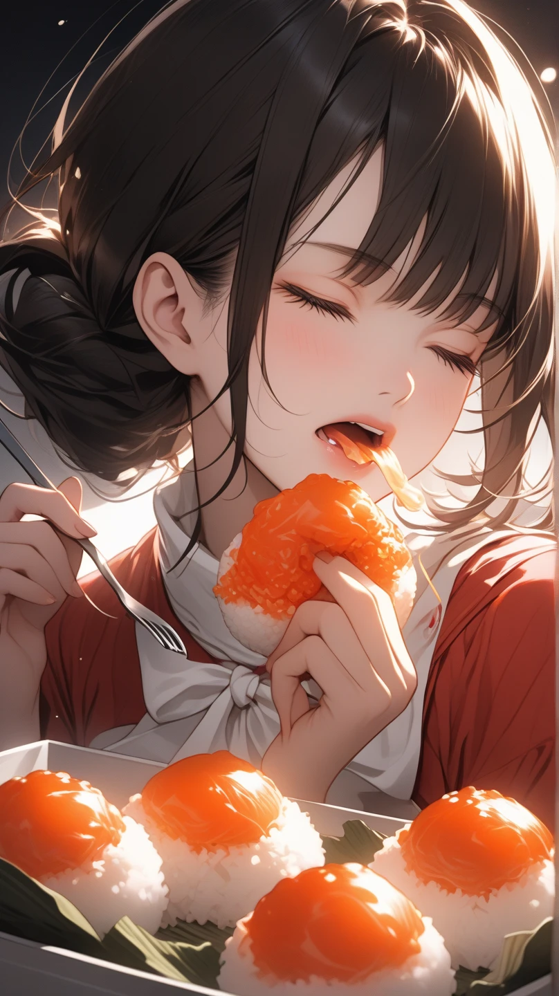 It is the left hand grasping a large piece of cake about the size of the palm of your hand with your bare hands,Turn a little inward in your own direction,Not so generous to grab the cake。
At the same time, because his hair was stained with cream, he was gently wiping his cheeks with the small arm of the same hand(It's a bit like a cat washing its face),Head low,The hair strands are a little wet,But eyes look at the camera,With his right hand, he squeezed a small piece of peeled cake and fed it to the camera,The mouth is still slightly open,It was as if she could be heard shouting『aaaaaaaaaax~~aaaaaaaaaax~~~Mouth open~~』