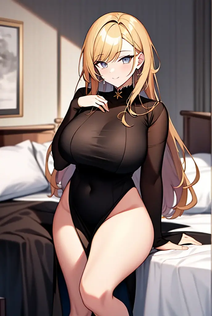 on bed, upper view, looking viewer, lying on her back, young, black sweater, off shoulder, very slender, orange/brown(1:1) hair, 2 horns, opening mouth, smile, sharp eyes, big boob