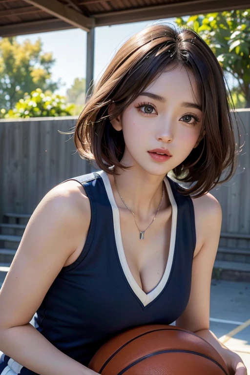 、(masterpiece、Highest quality)、Highest quality, Ultra-high resolution, (((masterpiece))), alone, Sweat、Big eyes, Sleeveless、Outdoor、Floral Dress、Composition from the front、（後ろCut your hair short、short hair、bionde、woman）、Shortcuts、Embarrassed face、Cut your hair short、Cute woman&#39;s 、Big Breasts、Browsing Caution