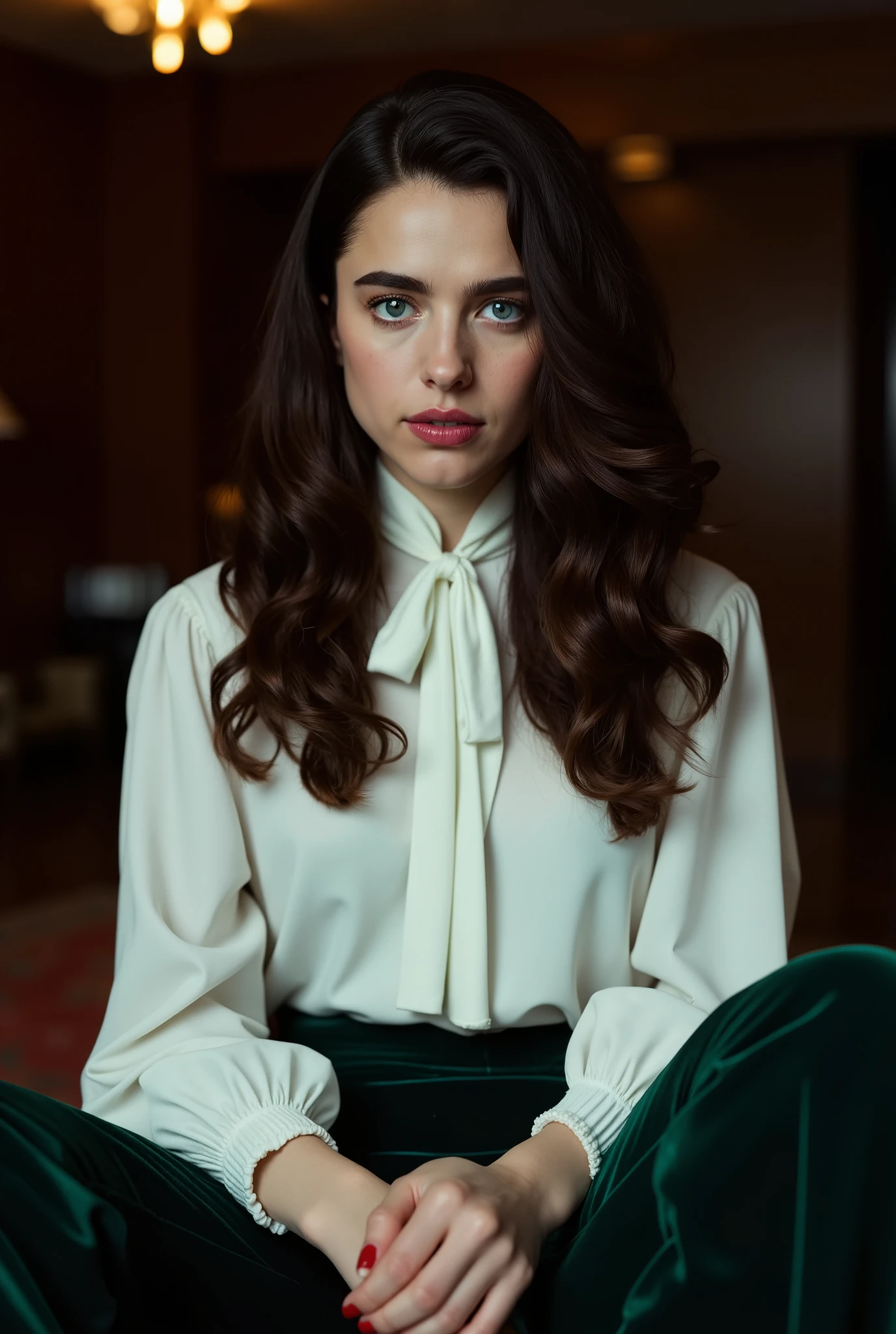 Photorealistic portrait of a stunning young Caucasian woman in her early twenties, seated in a luxurious hotel suite at night. She has a symmetrical face with a high forehead, piercing blue eyes, full lips, and thick natural brunette eyebrows. Her hair is long, dark brown, and naturally curly, styled to frame her face in soft, voluminous waves. She wears a high-neck white long-sleeve blouse with a flounced front and a graceful bow tie — modest and elegant, with no open neckline or décolletage. She pairs it with dark green velvet pants that are light, soft, and elegantly tailored — avoiding any heavy or bulky appearance. Her makeup is subtle and refined, and her nails are painted a classic red. The mood is cinematic and intimate. She looks directly at the viewer with a mysterious expression. The setting is a luxurious hotel suite with dark, upscale furnishings and warm ambient lighting. The composition features a visually engaging angle or pose that adds depth and intrigue.