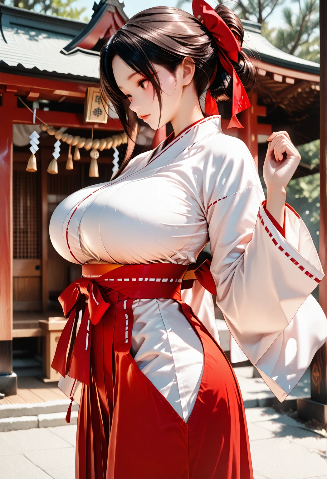 (masterpiece:1.1, Best Quality:1.1, 32K HDR, High resolution), Solo, 1girl in, (Kazumi Mishima, realistic portrait:1.1, tekken), Black hair, Long hair, (White kimono:1.1, red bandolier on shoulder, black eye mask:1.2, masked face:1.2, Full body shot, perfect slim body:1.1), huge-breasted, Huge boobs, Colossal tits, gigantic cleavage breasts, In an abandoned hut, Detailed eyes, Detailed skin texture, Detailed face,