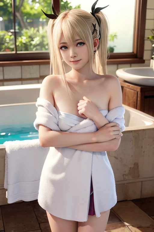 1girl, white hair, purple eyes, portrait, realistic, towel, (onsen), sidelighting, wallpaper, nsfw,