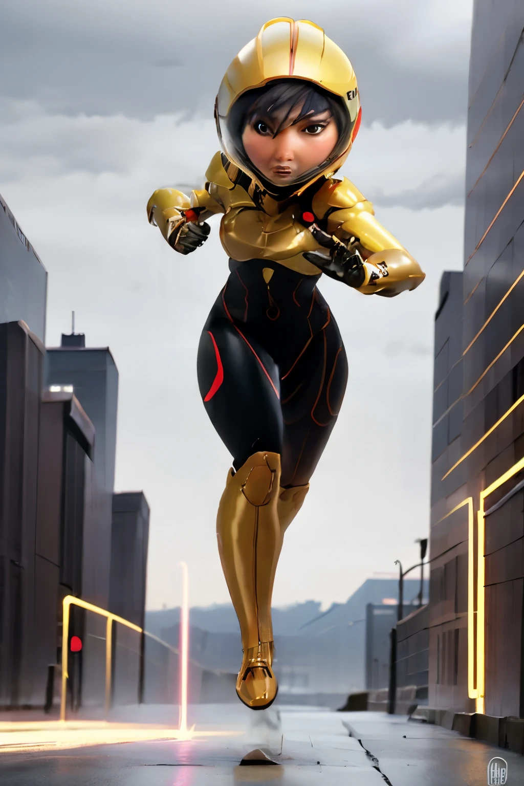 (masterpiece, best quality, hires, high resolution:1.2), extremely detailed, intricate details, highres, gogowaifu, BODYSUIT, ARMOR, HELMET, in a futuristic city, cinematic, running. lazers