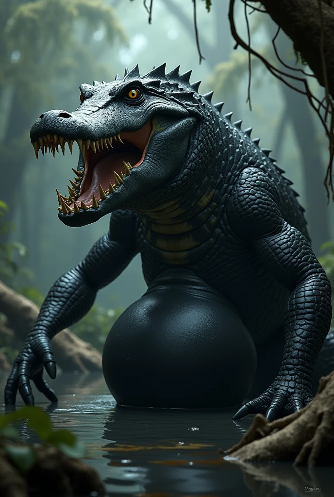sweat drops, photography, (cool posing:1.1025), smooth skin, ultra realism shading, anthro, sweaty, gator, photorealistic, black latex suit, suggestive, (rembrandt:1.1025), huge pecs, (sweaty:1.7), warrior, biceps, hunk, muscle gut, overweight, chubby, nsfw, in a swamp, tail, ((low angle camera)), ((crotch focus))