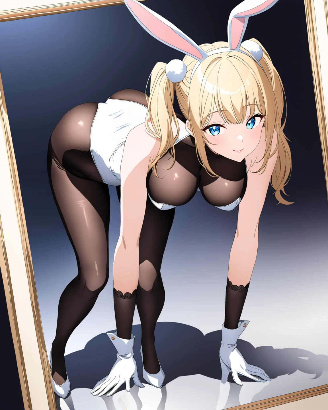 pov (from below) 1 girl, alone, Hoshizaki MIRIKA, medium hair, blonde hair, green eyes, big breasts, two pigtails, 1 girl, bunny ears, black playboy bunny outfit, black stockings, alone, big breasts, medium waist , medium hips, wide thighs, room, bedroom, night, good lighting, window with good night lighting, sitting on bed, blushing, micro bikini, hands together below the waist, , covered nipples, collarbone, cowboy photo, marked pussy, marked nipples, thighs, barefoot, (facing viewer:1.2), open mouth, armpit, detailed pupils, angry, embarrassed, seductive, smiling, open mouth