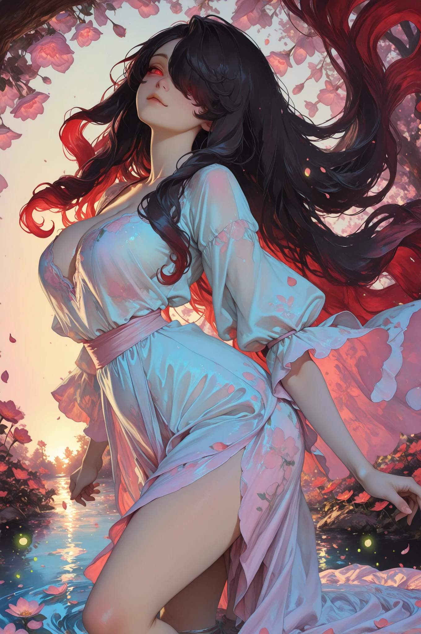 A Beautiful Girl, korea, 1man, Full body image, 18-20 years old, (gorgeous face, The face is shaped., Beautiful eyes, Beautiful Nose, Red mouth), (long-haired), ((Thai sarong, pink, thin)), ((bathe)), ((enormous breasts, Beautiful breast, huge breast)), (((ผอมthin, Slim, flat stomach))), (elongated legs, beautiful legs, Beautiful, slender legs), (Wet body), (((No underwear.))), waterfall, stream, river bank, natural, Thai pattern set