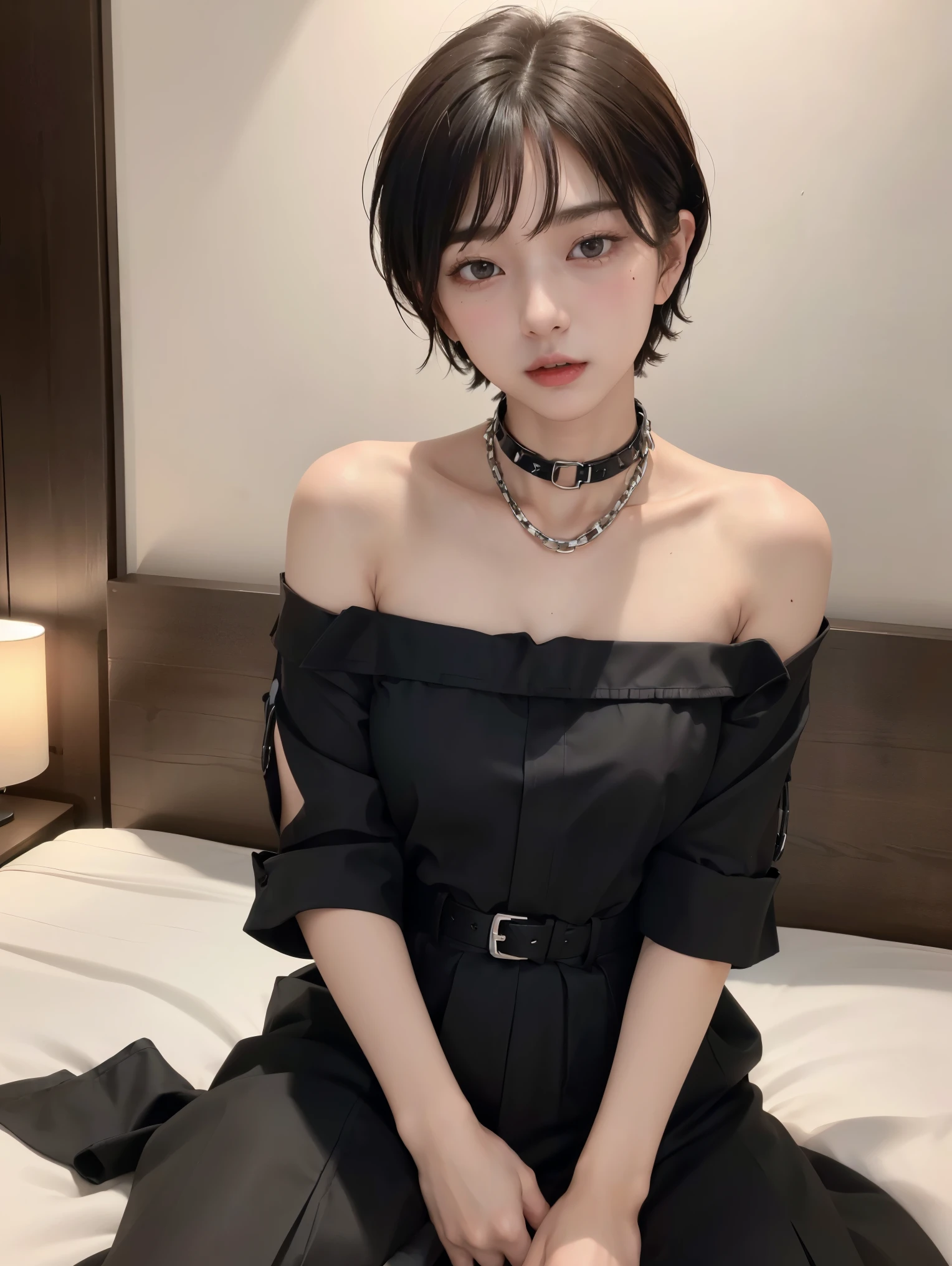 (Androgynous beautiful man:1.3)、(Bob Hair)、(best quality:1.4)、(masterpiece:1.4)、((masterpiece))、 RAW photos 、8k、((best image quality))、 ((high resolution))、brown hair、(Thick chain collar:1.3)、 black party dress、long skirt、Off Shoulder、(sexual excitement)、(sexual feelings)、Sex Appeal、bed、(Teaching beautiful boy about female sexuality)、(sex slave)、Eros、