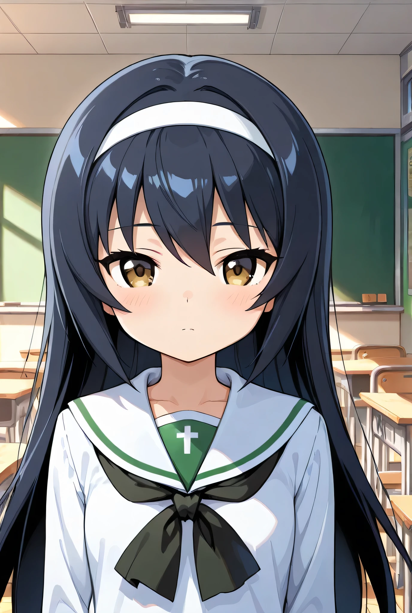 reizei mako,ooarai school uniform,black tie,classroom,face focus,front view,looking at viewer,