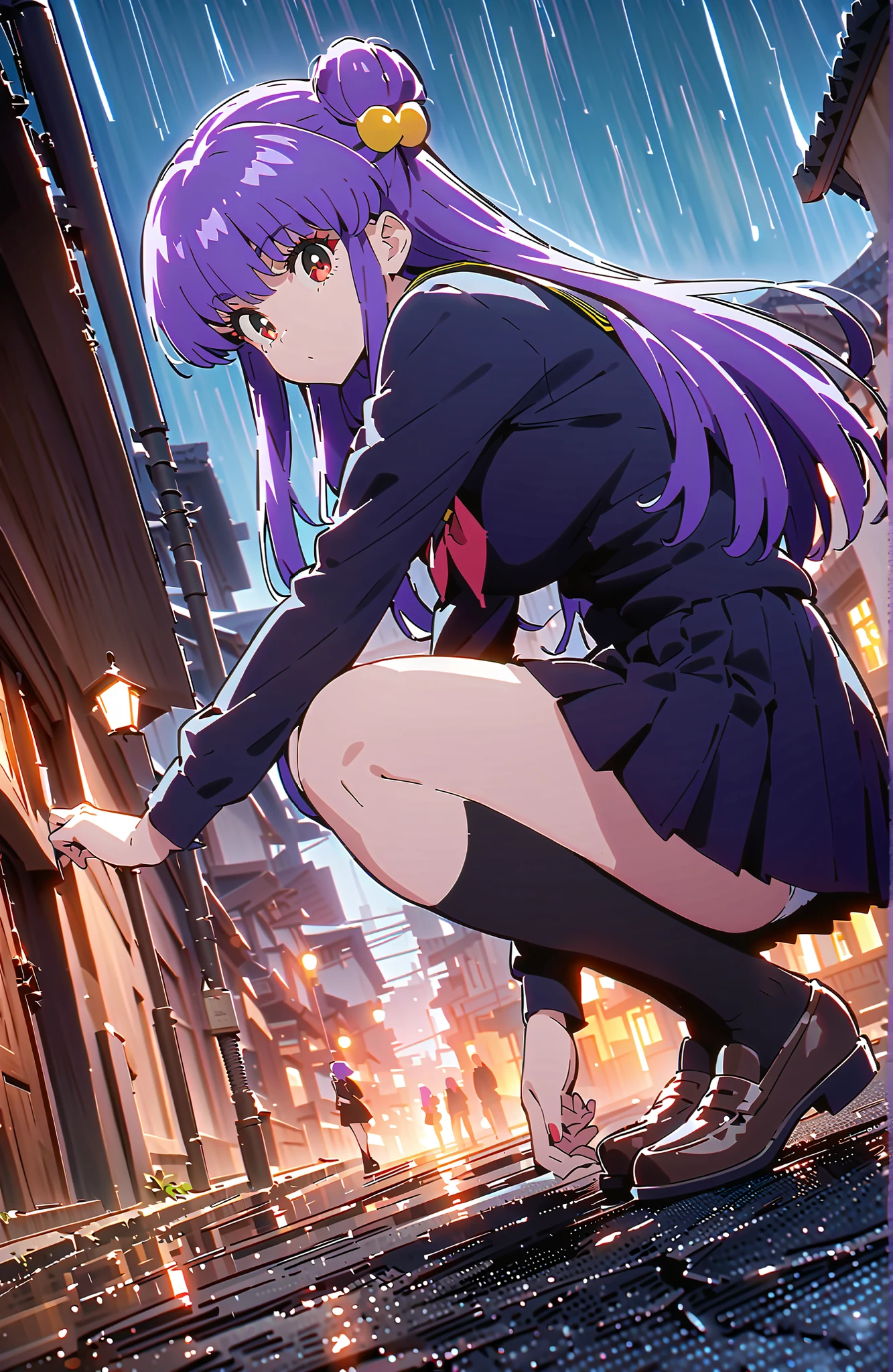 score_9, score_8_up, score_7_up, source_anime, shampoo, shampoo (Ranma 1/2), long hair, hair ornament seen from the side, Red Eyes, purple hair, hair bun, double bang, Medium breast, Black Sailor Suit,long sleeve, black mini pleated skirt ,Black thigh high socks,loafers,white panties,squatting,umbrella,angle from below,rain,cloudy,full bodyがillustrationsに入るように,in their 40s outdoors, residential area,
in their 40s looking at viewer,full body,
in their 40s (masterpiece:1.2), best quality, high resolution, Unity 8k 壁紙, (illustrations:0.8), (beautiful detailed eyes:1.6), highly detailed face, perfect lighting on the table, extremely detailed CG, (perfect hand, perfect anatomy),