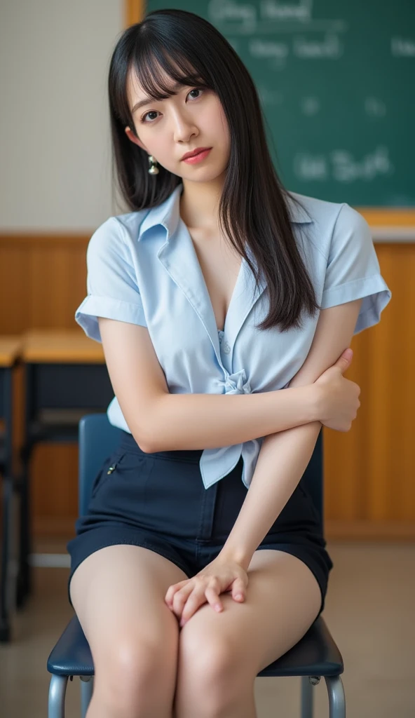 (very huge breasts, perfect anatomy, full body:1.4), (short wavy hair:1.1), (Korean school uniform, summer school uniform shirt, sleeveless:1.4), whole body, RAW photo, extremely delicate and beautiful, masterpiece, Best Quality, ultra high resolution, 16k, hyperrealistic, ultra-detailed, Very detailed CG 8k wallpaper, Beautiful Lighting, Perfect Lightning, Realistic Shadows, super Detailed shiny skin, perfect figure, Japanese woman, late 20s, Slim body, Slim abdomen, very small head, handsome detailed woman, very detailed eyes and face, realistic face proportions, Stunning detailed eyes, Realistic beautiful face, very small face, Realistic small beautiful eyes, double eyelids, makeup, tearful mole, mole on chest, earring, bare legs, beautiful and very thin legs, beautiful and very thin thighs, narrow waist, (cleavage, Soft midriff, Fine Collarbone, off-shoulder:0.1),