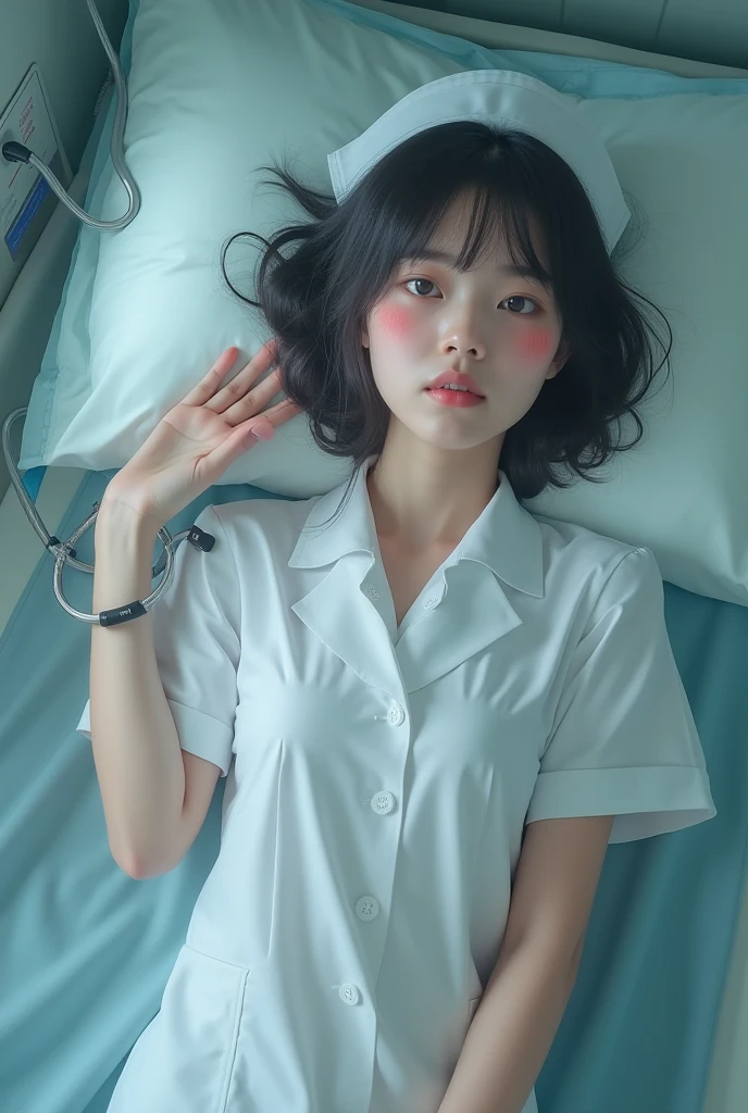 On a hospital bed,All white nurse uniform,Double,big ,I feel so excited.,suffocate,I can't breathe,Important points,Important points,Almost there,Remove,Blush,Trembling,I can't stand it.,with bangs、long hair、black hair