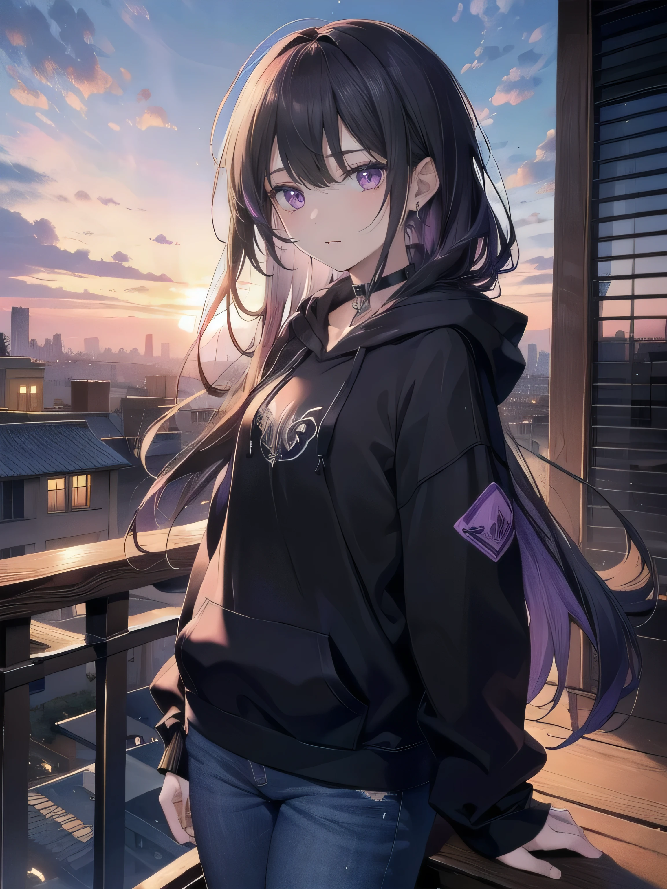 (masterpiece), (best quality), ultra detailed, finely detailed color, cenematic painting, anime lady, model, ((one lady)), 20 years old, cute face, black hair, absurdly long hair, straight hair, (violet eyes:1.2), purple eyes, standing, chocker, ((black hoodie)), long jeans, inexpressive, slender body, small chest, urban, rooftop, city, sunset, twilight, vesper, evening, dusk