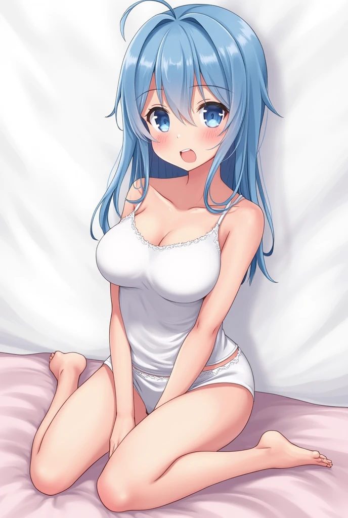 (Masterpiece, Photorealistic, high resolution), ((1girll):1.2), teenage girl, blue hair, long hair, blue eyes, straight hair, bangs(Loose Blue shirt, White underwear (medium of breast):1.2, thighs), on top of the bed, White Dolphin panty, Sexy figure, Wholesome smile, Intensely blushing. Lying on bed, Cameltoe