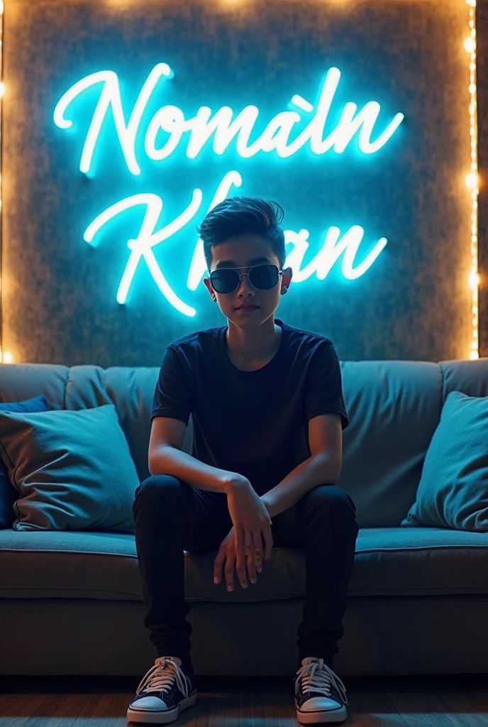 @Ariyan Emon:Create an image featuring a large, glossy, “R” 3D letter in the foreground with a boy leaning casually against it. The person should be dressed in stylish, monochromatic clothing and have a confident