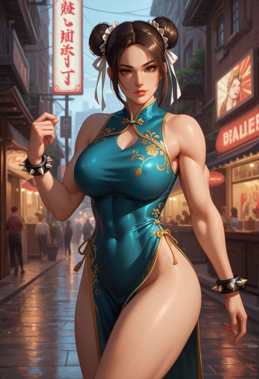 Chun-Li from Street Fighter 2、Wearing a blue Chinese dress、Toned body、Bun Hair、Sexy、Sexy proportions、Showing off beautiful legs、adult、sexuell、Wear kung fu shoes、Upper Kick