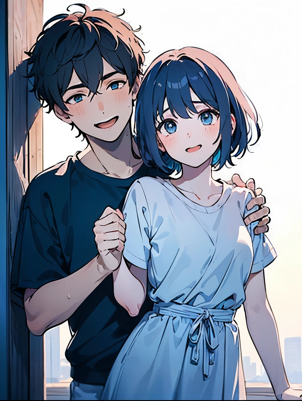 ((boy&Girl :1.5)),(( calm adult men:1.0)), black hair, tea hair, blue eyes, red eyes,((NSFW:0.65)),(1 men&Girl:1.0),(Yaoi:1.2),((hold each other's shoulders:1.25)),((A calm adult man who grabs his arm and pulls him in :1.0)),(looking viewer:1.0),Grinning face,((approx:1.0),(( flirtatious:0.8)),男女