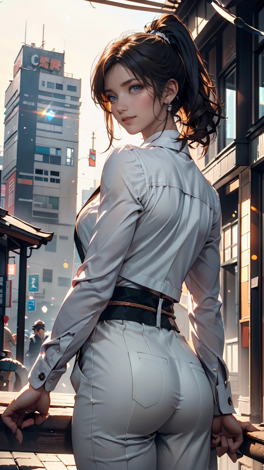 (best quality:1.5, highres, UHD, 4K, detailed lighting, shaders), brown haired, gradient hair, ?????????????, suit, gray shirt, social shirt, short skirt, mature woman , (pov), white background, colorful eyeshadow, dramatic lighting, sparkling eyes, sensual expression, golden earrings, flowing hair, delicate facial features, dark skin, high cheekbones, raining, urban setting, white background, dont look for the camera, lean forward, view ???????????, wet  by the rain.