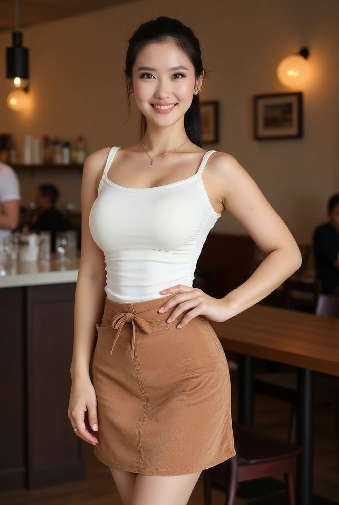 (best quality,4k,8k,highres,masterpiece:1.2),ultra-detailed,(realistic,photorealistic,photo-realistic:1.37),portraits,studio lighting,golden tones,sunlight,beautiful detailed eyes,beautiful detailed lips,sexy woman,athletic body,huge breasts,wearing apron,showing cleavage,legs open showing crotch, sitting on stool in coffee shop,curly hair,red lipstick,mischievous smile,well-maintained manicure,delicate jewelry,steaming cup of coffee,coffee beans,wooden counter,espresso machine,artistic latte art,contemporary interior design,cozy atmosphere,vibrant colors,modern flair
