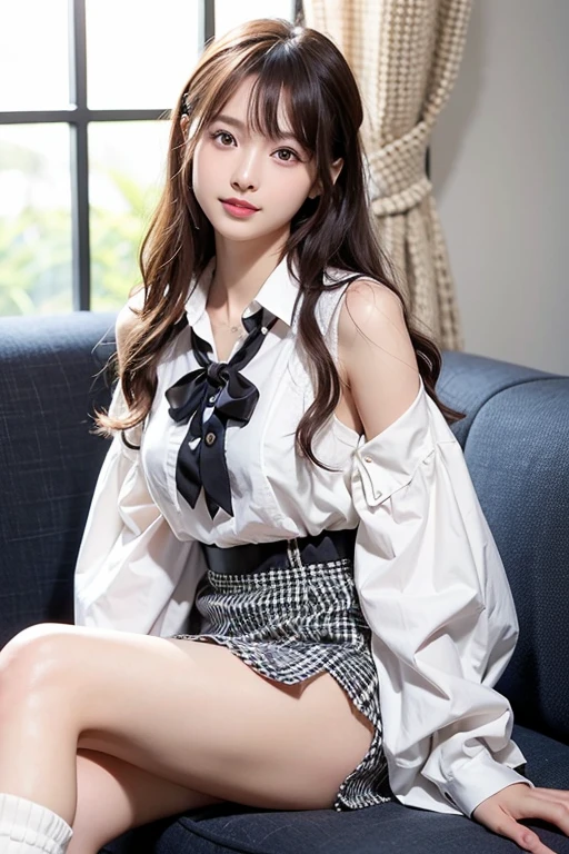 full body shot, absurdres, RAW photo, extremely delicate and beautiful, masterpiece, Best Quality, ultra high resolution, 32k, hyperrealistic, ultra-detailed, perfect figure, Perfect Style, Perfect balance, in her 20s, very small head, very small face, delicate facial features, tearful mole, earring, very huge breasts, medium hair, black hair, (school_uniform:1.2),