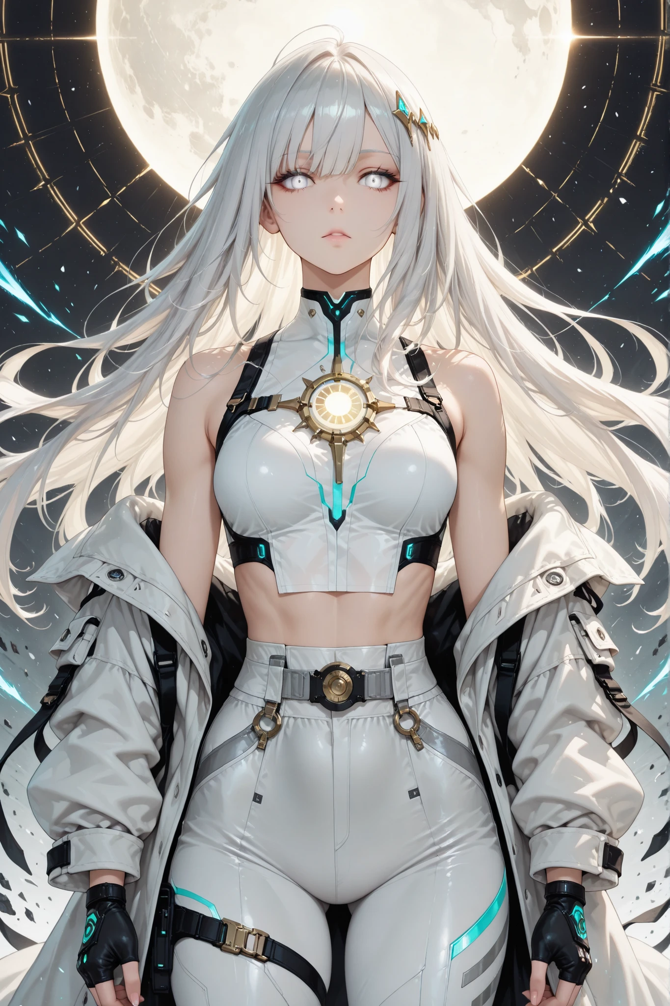 ((masterpiece, best quality, anime style, ultra-detailed)), (1girl, solo), (young female, age 18–20, athletic lean build, glowing white eyes:1.6, emotionless ice-cold expression, divine intensity, fair skin), (medium-length messy white hair:1.5, wind-blown, radiant pressure whipping it slightly), (white and silver futuristic streetwear:1.4, loose combat coat, fitted minimal shirt, slim tactical pants, fingerless gloves, divine simplicity), (half-body front view, face and shoulders clearly visible, standing tall, eyes staring directly at viewer), (massive white sun flare behind her head:1.6, perfect circular bloom of divine light, static and overwhelming), (background: empty radiant battlefield or system sky temple, soft glyphs suspended in light mist), (color palette: pure white, silver, soft gray only), (vibe: divine apocalypse, calm annihilation, the white sun given flesh)
