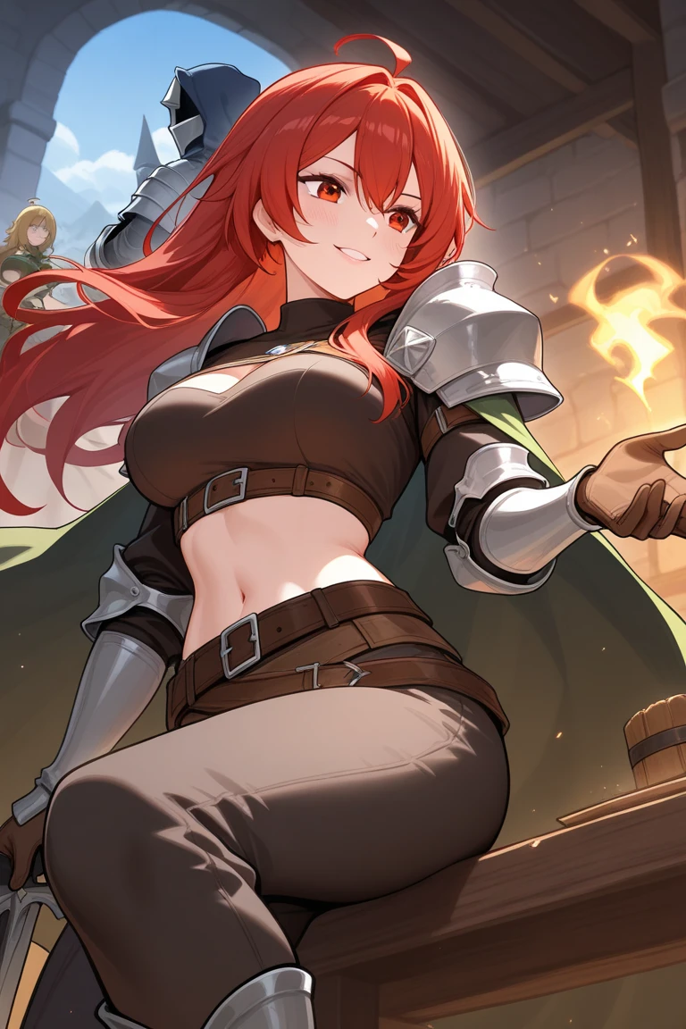 adult girl, long curly orange hair, The Witcher's Yellow Eyes, Green sleeveless top, open belly, musculature, leather armour, sword, Masterpiece, hiquality