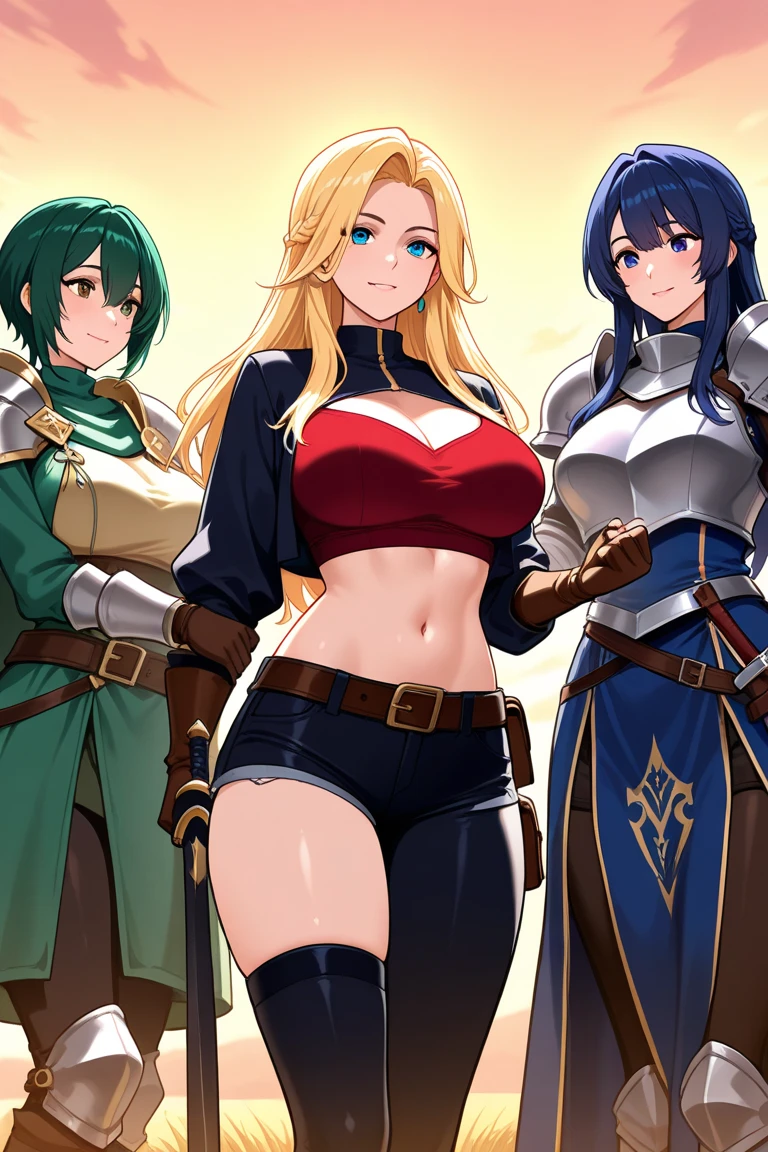 personagens de anime com cabelos e roupas de cores diferentes posando para uma foto, arte do jogo!!, anime cel shaded, bikini armor, cel - estilo de arte sombreado, estilo de anime ecchi, bikini armor, commission for high resolution, anime maids riding starter tanks, garota de armadura, bikini armor, fofosexyrobutts, Cushart Kenz, hero 2d fanart artsation