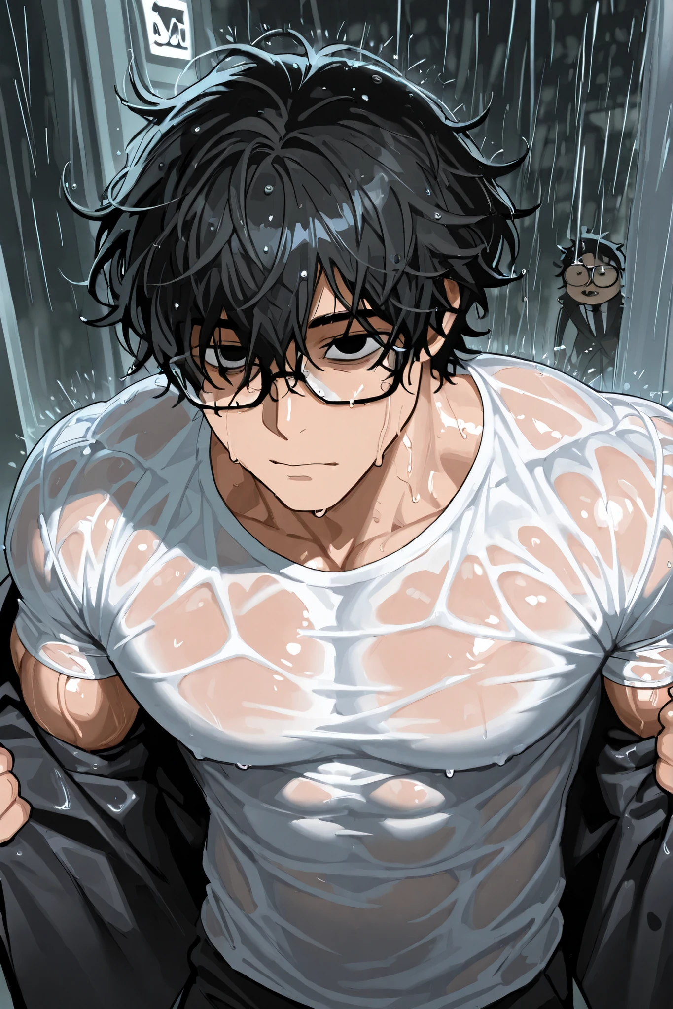 1 man, , proportional shape, Sharp eyes,  casting, Black messy hair, black eyes, Eyeglasses,  thick-framed glasses , white shirt, wet in the rain, Thin shirt until muscles are visible, , Cheeky cheeks, Removing the outer jacket, Black Suit, In the house, Light and Shadow, Masterpieces
