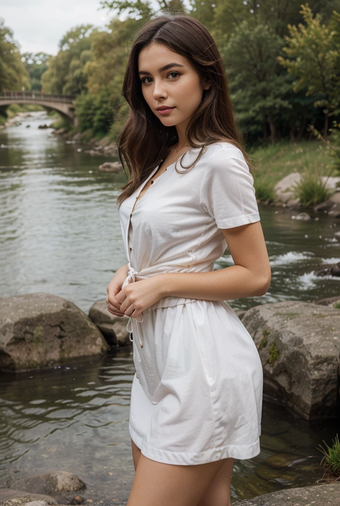 a young woman in a short skirt, incredibly detailed, beautiful detailed eyes, beautiful detailed lips, extremely detailed face, long eyelashes, soft natural lighting, high quality, 8k, photorealistic, masterpiece, elegant dress, beautiful flowing hair, serene expression, outdoor garden, lush greenery, natural setting, warm color tones, cinematic composition