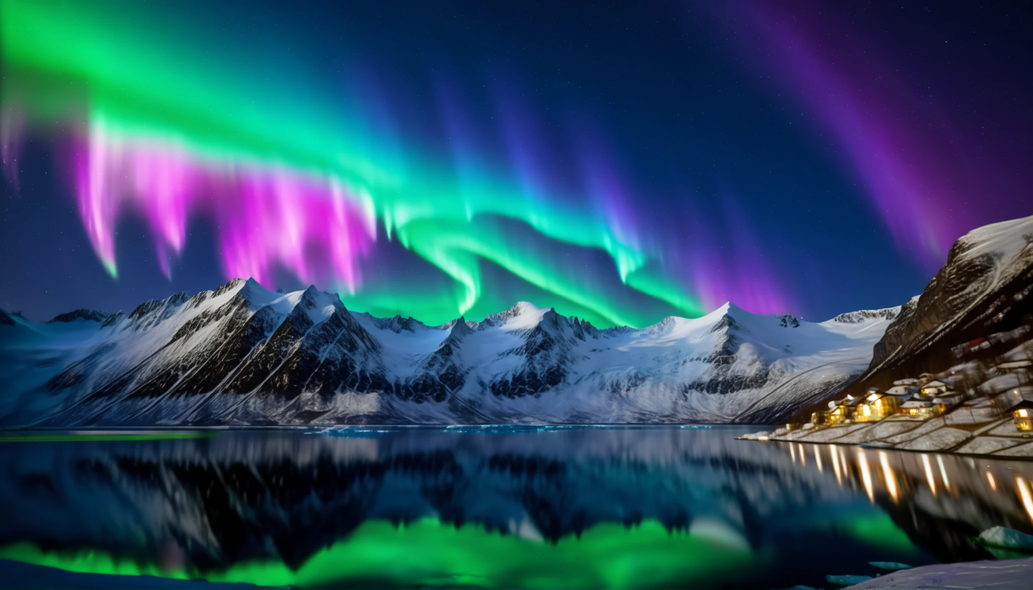 ultra-high image quality of processing,high precision,High Quality,Spectacular views,(A wonderful sight of the auroras dancing in the night sky:1.5),beautiful starry sky,The Alps,(Vivid green, purple, and bright blue auroras ripple over a vast glacier:1.5), BREAK The glacier extends to the horizon 、 Jagged ice layers and snow-covered mountain peaks 、(It reflects the colorful auroras in the sky:1.5),Stars twinkle in the dark and clear sky、The surrounding landscape is enveloped in the surreal brilliance of auroras、 creates a mysterious atmosphere , BREAK The cool and clear air adds color to the landscape 、 the snow shines in the gentle light of the auroras 、This frozen wilderness is calm and unbelievable。(Polar bear parent and  stand on ice:1.5),
