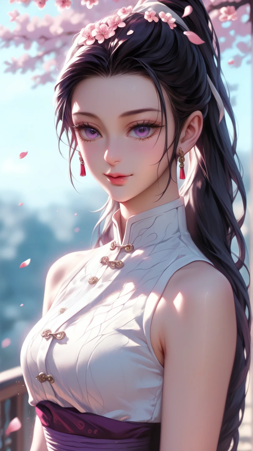 ((best qualtiy)), ((tmasterpiece)), (detail:1.4), Beautiful cyberpunk female images,hdr(HighDynamicRange),Ray traching,NVIDIA RTX,Hyper-Resolution,illusory 5,sub surface scattering,PBR textures,post-proces,Anisotropy Filtering,depth of fields,maximum definition and sharpness,Many-Layer Textures,Albedo e mapas Speculares,Surface coloring,Mitsu-Accurate simulation of material interactions,perfectly proportioned,rendering by octane,Two-colored light,largeaperture,Low ISO,White balance,Rule three points、8K raw data、Beautiful bright blue pupils,off-the-shoulder clothes,Fine pupils,Delicate face and eyes,long eyelasher,Blushlush,Delicate and fluffy hair,pink lip,Pure,Cute face,Sweet girl,Artistic sense,Casual wear,Advancedsense,butterflys,Cherry blossom petal,Beautiful hair accessories,Long hair and waist,Hair fluttering in the wind,Snow-white fox ears,curlies,Snow-white fluffy tail,Positive light,The light from the back window is backlighted