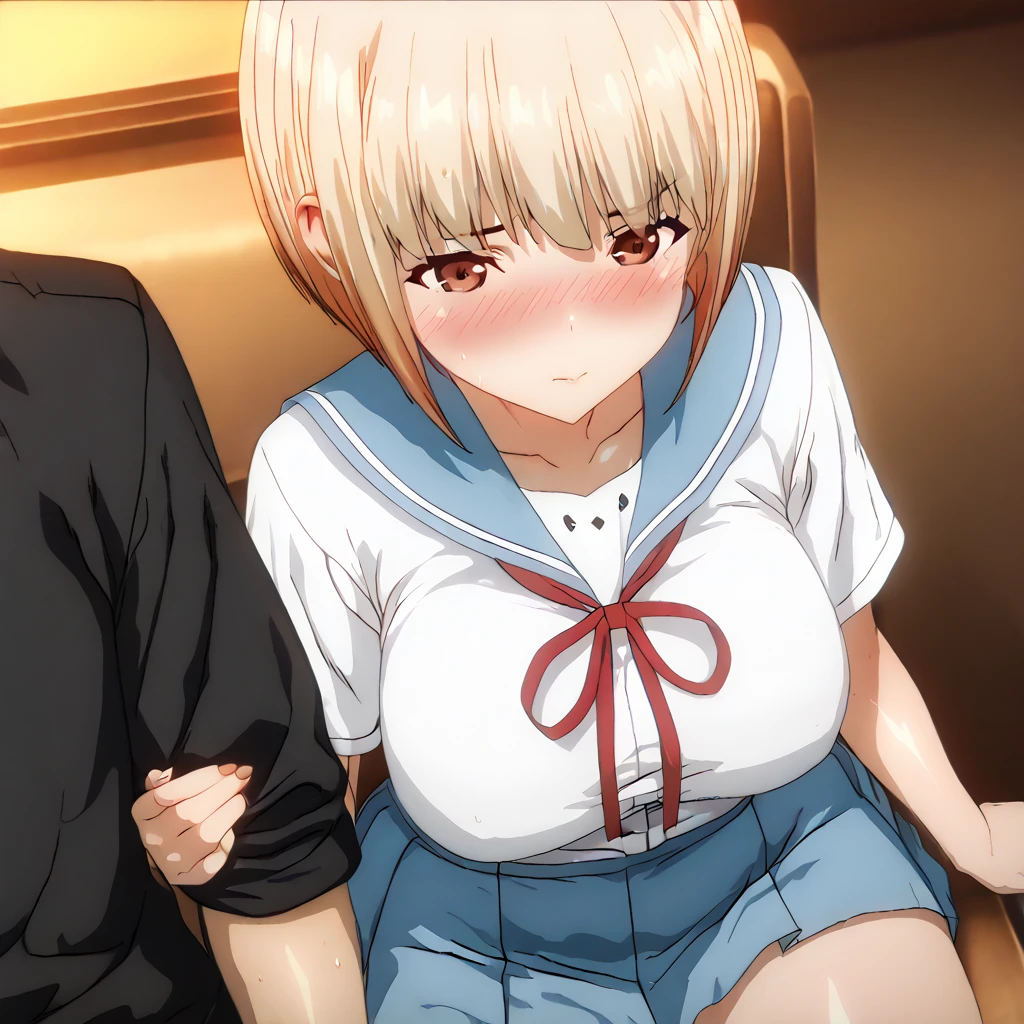 misaki shokuhou, blonde hair, hair between eyes, long hair, (symbol-shaped pupils:1.5), yellow eyes, short sleeves, summer uniform, sweater vest, tokiwadai , white gloves, (light brown sweater vest:1.2),, 1girl,18yo,good anatomy, masterpiece, best quality,realistic, hyperrealistic, 16k hdr, indoors,(all fours:1.3),large breasts,(sweat:1.2),(red blush,happy smile,open mouth,drooling,touching penis,licking penis:1.2),(1 boy,penis,sidefellatio,grab her head hard),upper body,looking up,(cum on face,bukkake,:1.3)