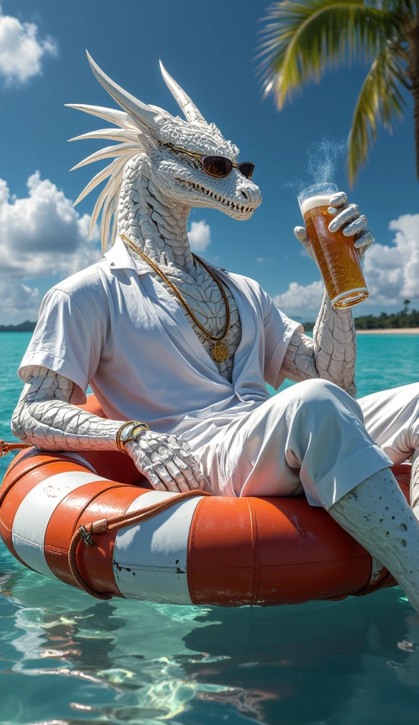 A whimsical and surreal 3D rendering of a humanoid white Chinese dragon, adorned in a relaxed summer outfit - a Hawaiian shirt and shorts, sipping juice while lounging on a pool chair. The dragon dons a pair of sunglasses, adding a touch of casual elegance. The background features a serene blue pool, with a vibrant summer landscape. The high-angle perspective gives a sense of peace and leisure, making it a delightful escape from reality., 3d render