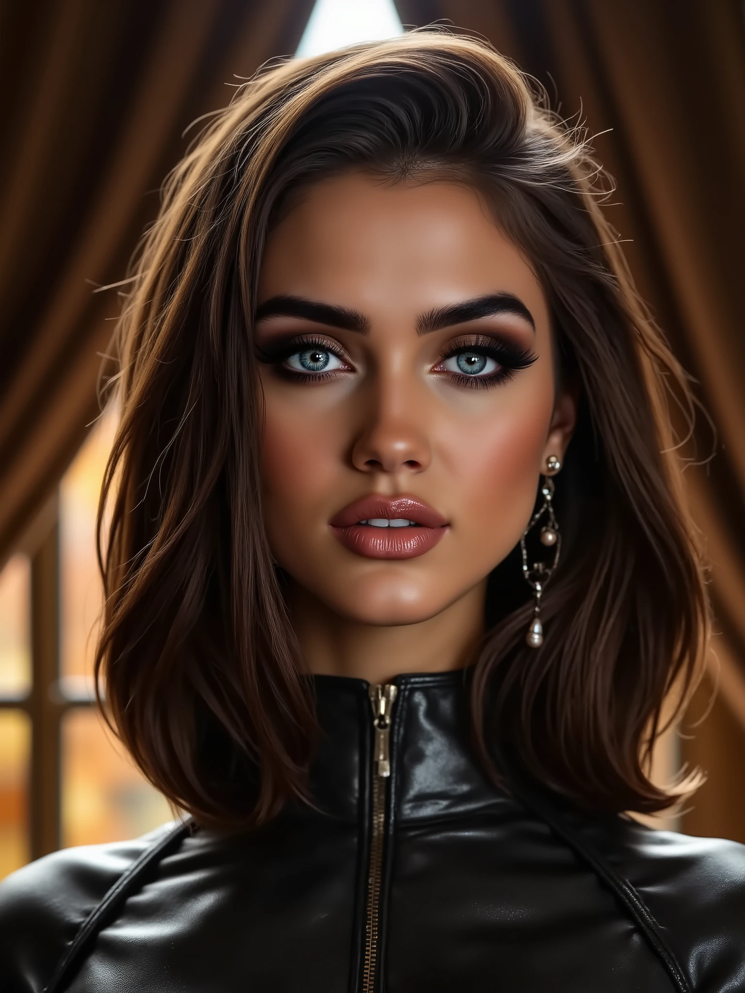 A portrait of a woman, (makeup:1.4), amazing body, (fit body:1.2), latex outfit, piercing blue eyes, highly detailed fur, natural skin texture, 4k textures, detailed belly, Highly detailed perfect , Lightroom, Intricate, Ultra-Realistic, Out There, (HDR:1.3), UHD, (Intricate Detail, Hyper-Detailed:1.1), Cinematic, Photoreal, (Dark Shot:1.2), Dramatic, High Contrast, (Warm Color:1.1) , muted colors, master piece, elegant, sharp focus,