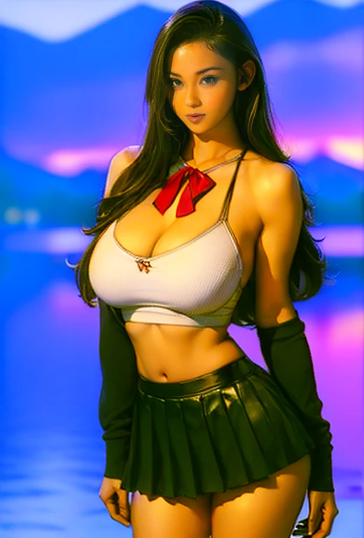 1girl, intricate detail, masterpiece, best quality, extremly detailed,cinematic lighting, beautiful detailed glow, finely detailed beautiful face and eyes, 8k, dark intense shadows, yellow eyes, medium hair, black hair, bangs, floating hair, black jacket, open jacket, white shirt, expressionless, yellow necktie, black skirt, spotlight, sunshine, sunrise, gradient sky, city, lens flare, cowboy shot, [[curvy]], [mature female]