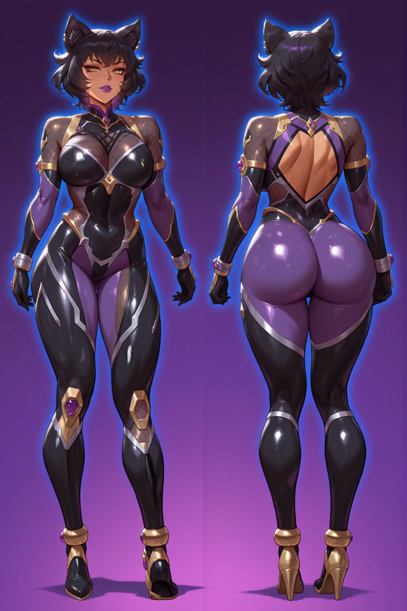 master piece, high quality, 4k uhd,hires, solo,kali belladonna, tan skin, yellow eyes, purple, purple lips, armored mesh black and gold taimanin body suit with purple details, medium breasts, huge ass, detailed thigh muscles, universal lighting, (multiple angles),