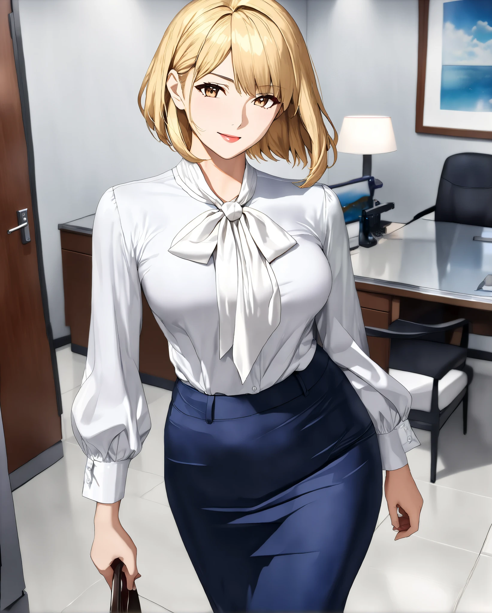 bow blouse, Source_anime, anime art, anime style, very aesthetic, (((bob hair style))), (((full body))), (((lancer of the Artoria Pendragon))), Masterpiece, very aesthetic, vibrant, standing, Realistic body structure, A body with perfect style, (((shiny classical and office style creamy white tie-neck blouse))), (((creamy white office style classical tie neck))), realistic office lady, long sleeves blouse with a regular cuffs, regular sleeves, A realistic blouse, realistic tie-neck, fine details, a couple tie neck, A tie-neck in the same color as the blouse, off white bow tie, attractive anime girl, Symmetrical ribbon, hyper-realistic office lady, smooth anime CG art, beautiful anime office lady, The bow tie is meticulously tied in a perfect, bow tie with large loops ribbon, the ribbons are slightly curled at the ends, The knot of the bow tie is meticulously detailed, showing the intricacies of its construction, Subtle shadows define the contours of the bow and the delicate folds of the ribbons, anime visual of a cute 35-old woman, navy blue mini tight skirt from H&M, the tight skirt non-glossy polyester, There is no color other than navy blue in the skirt, elegant mature woman, housewife, (((nsfw))), medium breasts, slim waist, portrait, newest, (((anime coloring)))