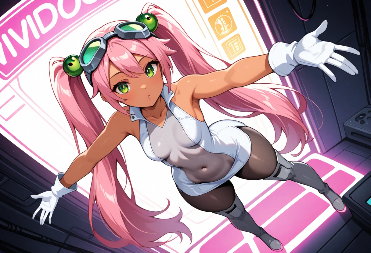 best quality, masterpiece, 1 girl, (standing on one leg:1.2), tongue out, (drooling:1.4), (wide medium hair with bangs:1.3), tight fitting pink and yellow bikini armor, gloves, (small breast, cleavage, underboobs:1.3), (metro station:1.2), lively, bustling, cyber